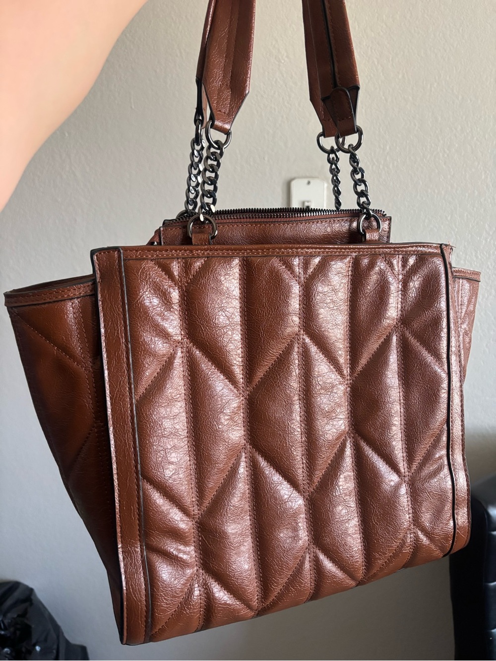Steve Madden Quilted Brown Leather Tote with Chain Accent - Picture 2 of 5